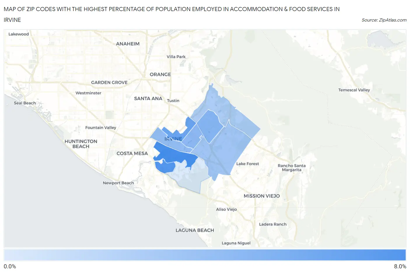 Zip Codes with the Highest Percentage of Population Employed in Accommodation & Food Services in Irvine Map