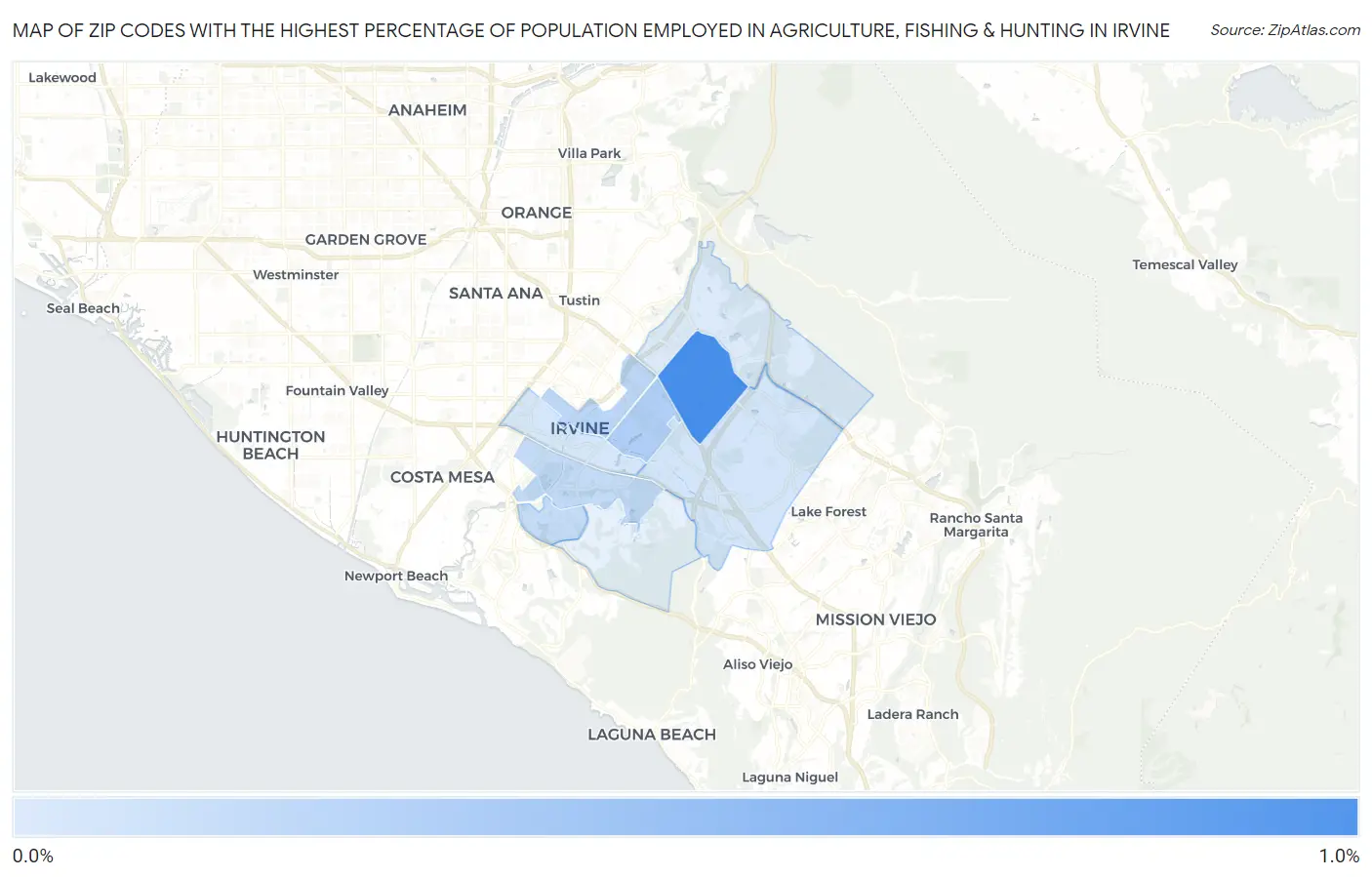 Zip Codes with the Highest Percentage of Population Employed in Agriculture, Fishing & Hunting in Irvine Map