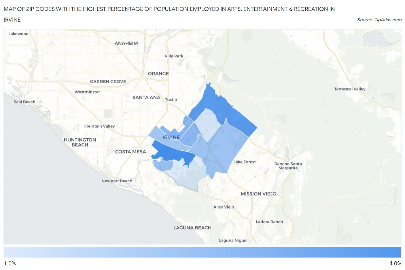 Zip Codes with the Highest Percentage of Population Employed in Arts, Entertainment & Recreation in Irvine Map