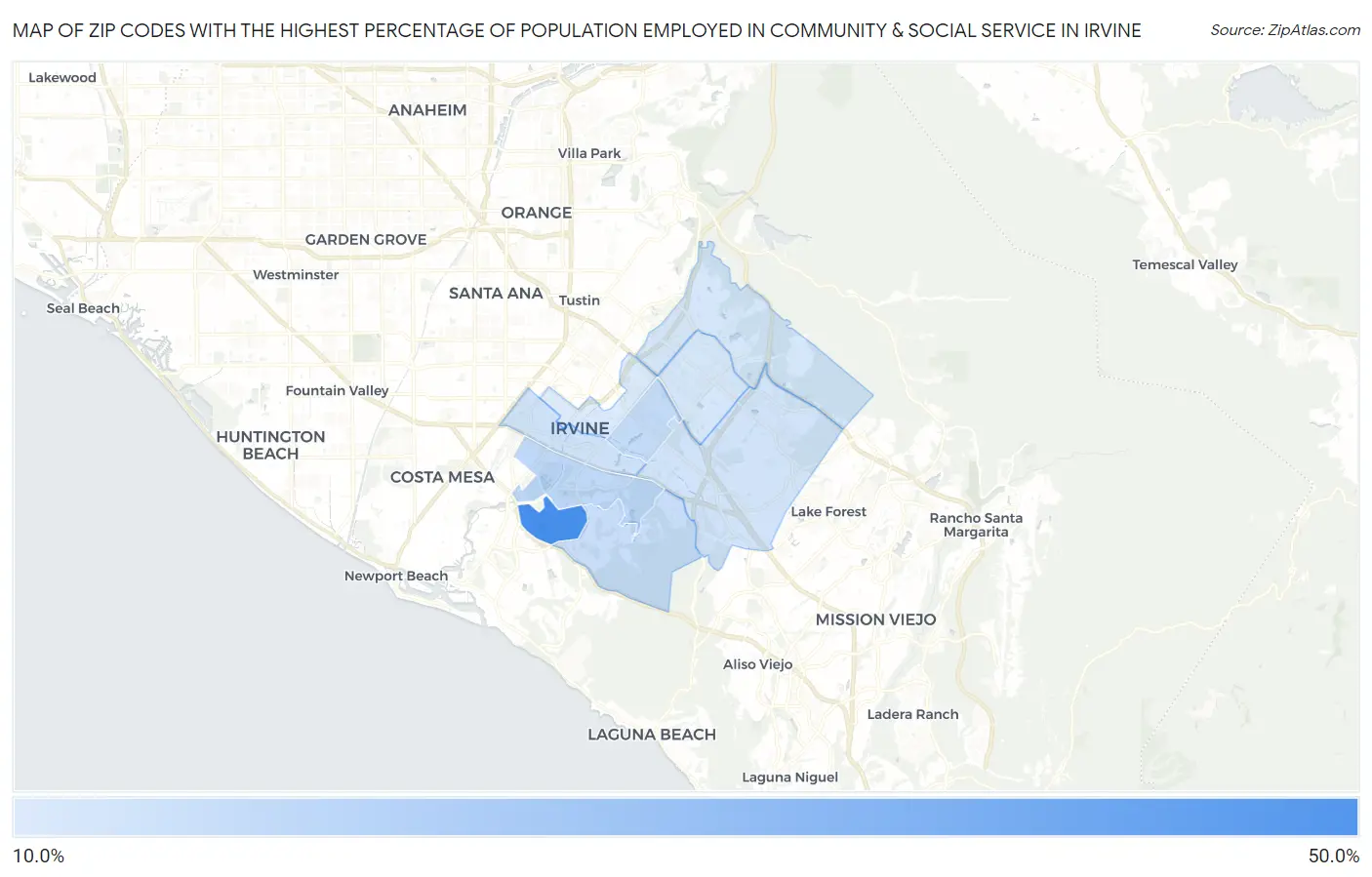 Zip Codes with the Highest Percentage of Population Employed in Community & Social Service  in Irvine Map