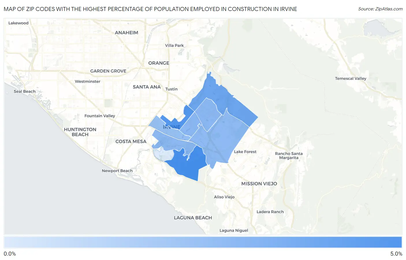 Zip Codes with the Highest Percentage of Population Employed in Construction in Irvine Map