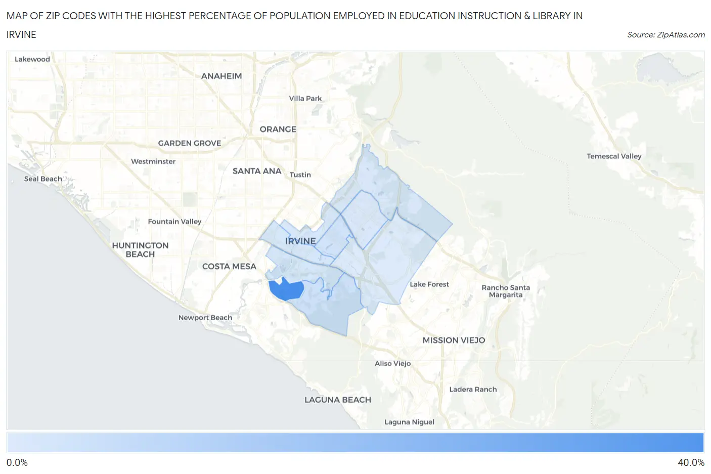 Zip Codes with the Highest Percentage of Population Employed in Education Instruction & Library in Irvine Map