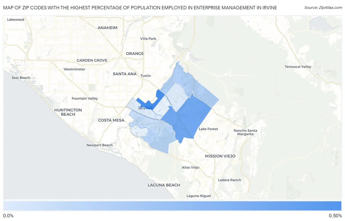 Zip Codes with the Highest Percentage of Population Employed in Enterprise Management in Irvine Map