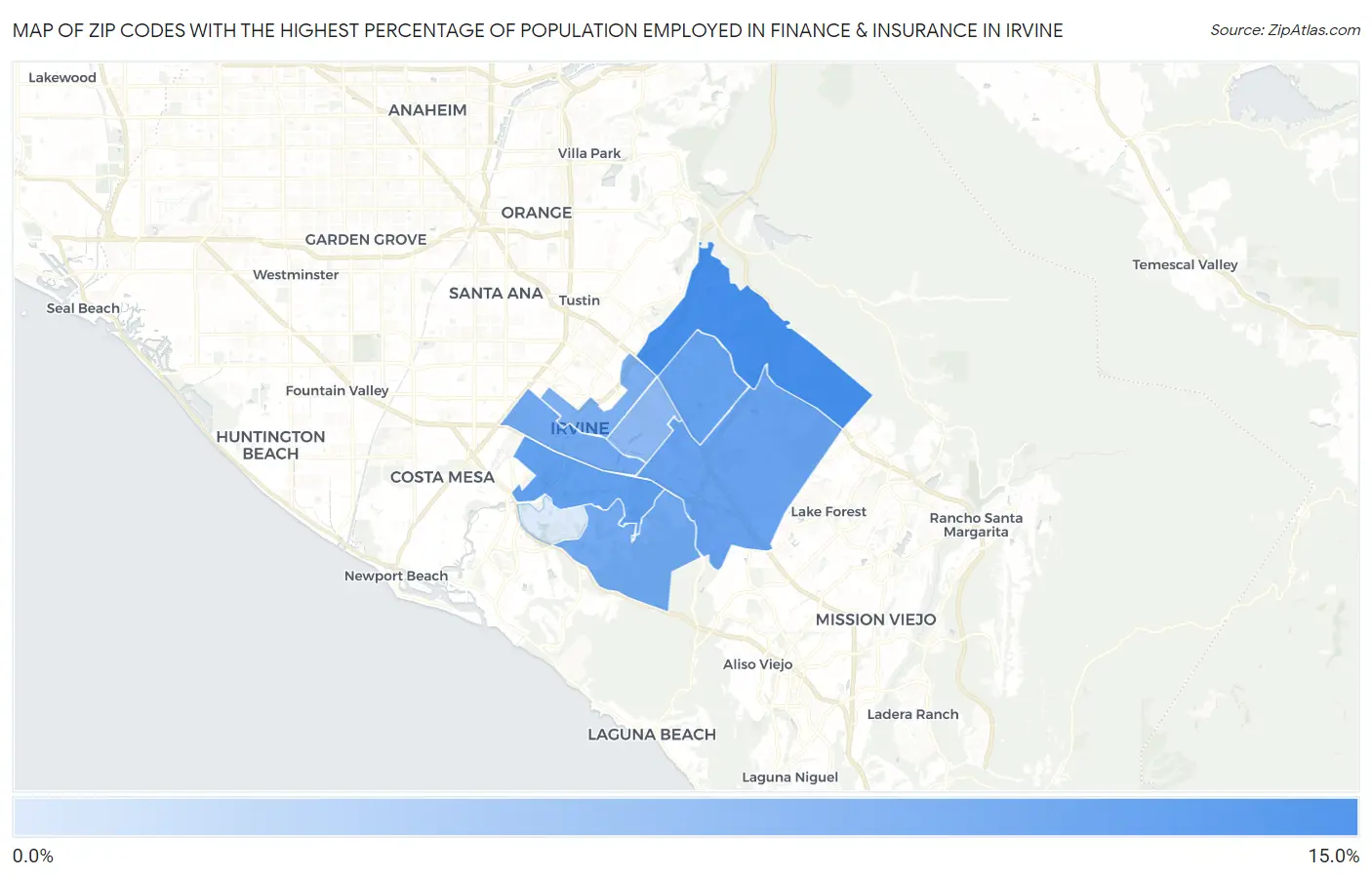 Zip Codes with the Highest Percentage of Population Employed in Finance & Insurance in Irvine Map
