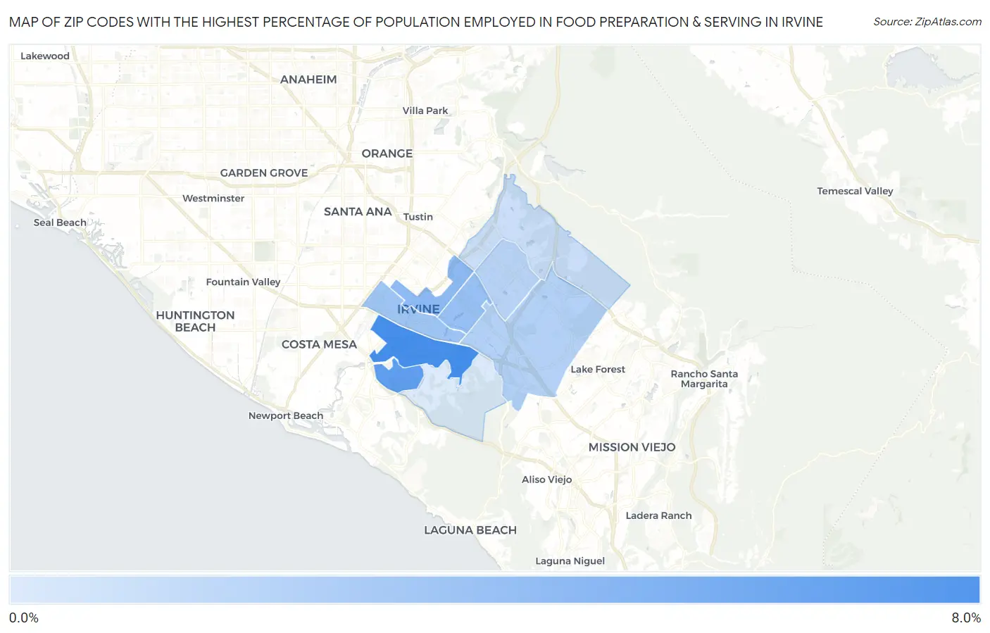 Zip Codes with the Highest Percentage of Population Employed in Food Preparation & Serving in Irvine Map