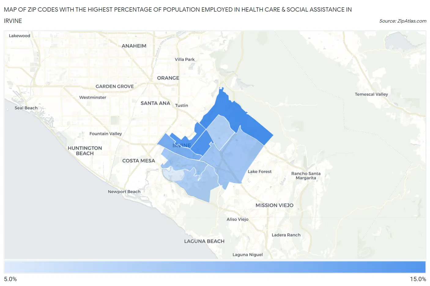 Zip Codes with the Highest Percentage of Population Employed in Health Care & Social Assistance in Irvine Map