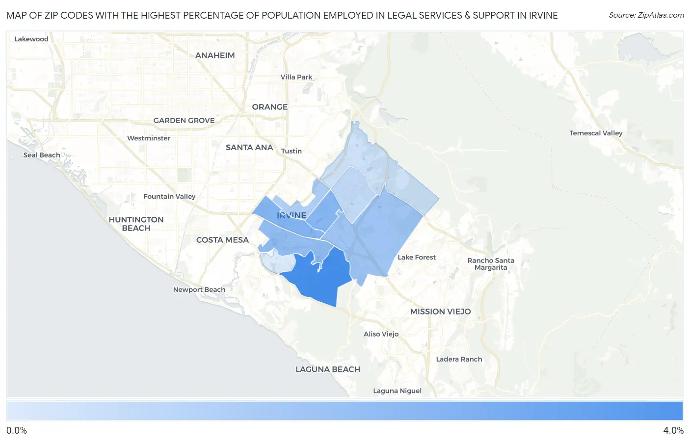 Zip Codes with the Highest Percentage of Population Employed in Legal Services & Support in Irvine Map