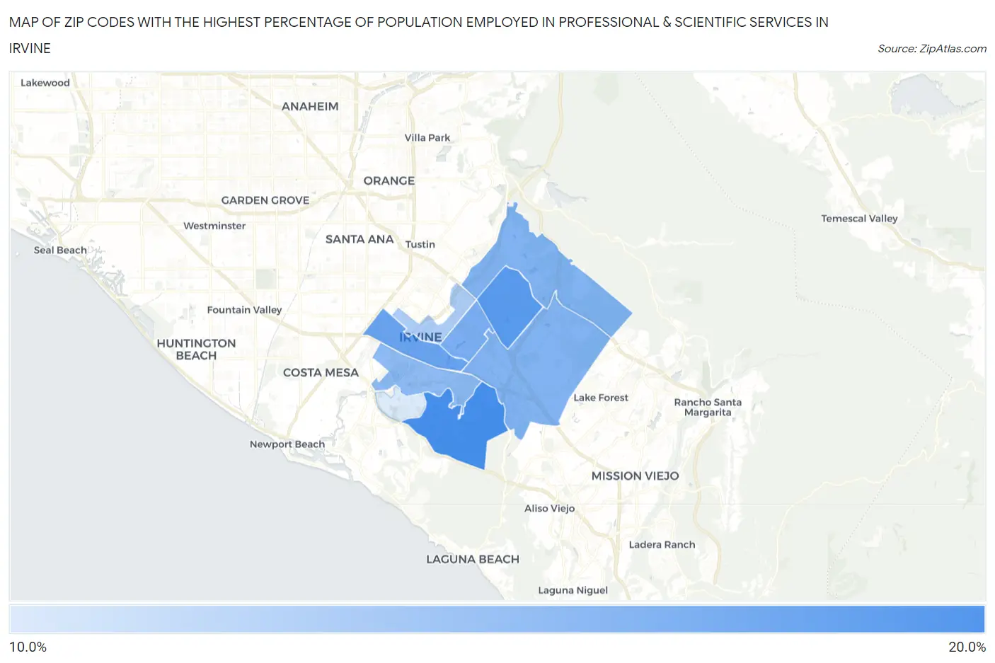 Zip Codes with the Highest Percentage of Population Employed in Professional & Scientific Services in Irvine Map
