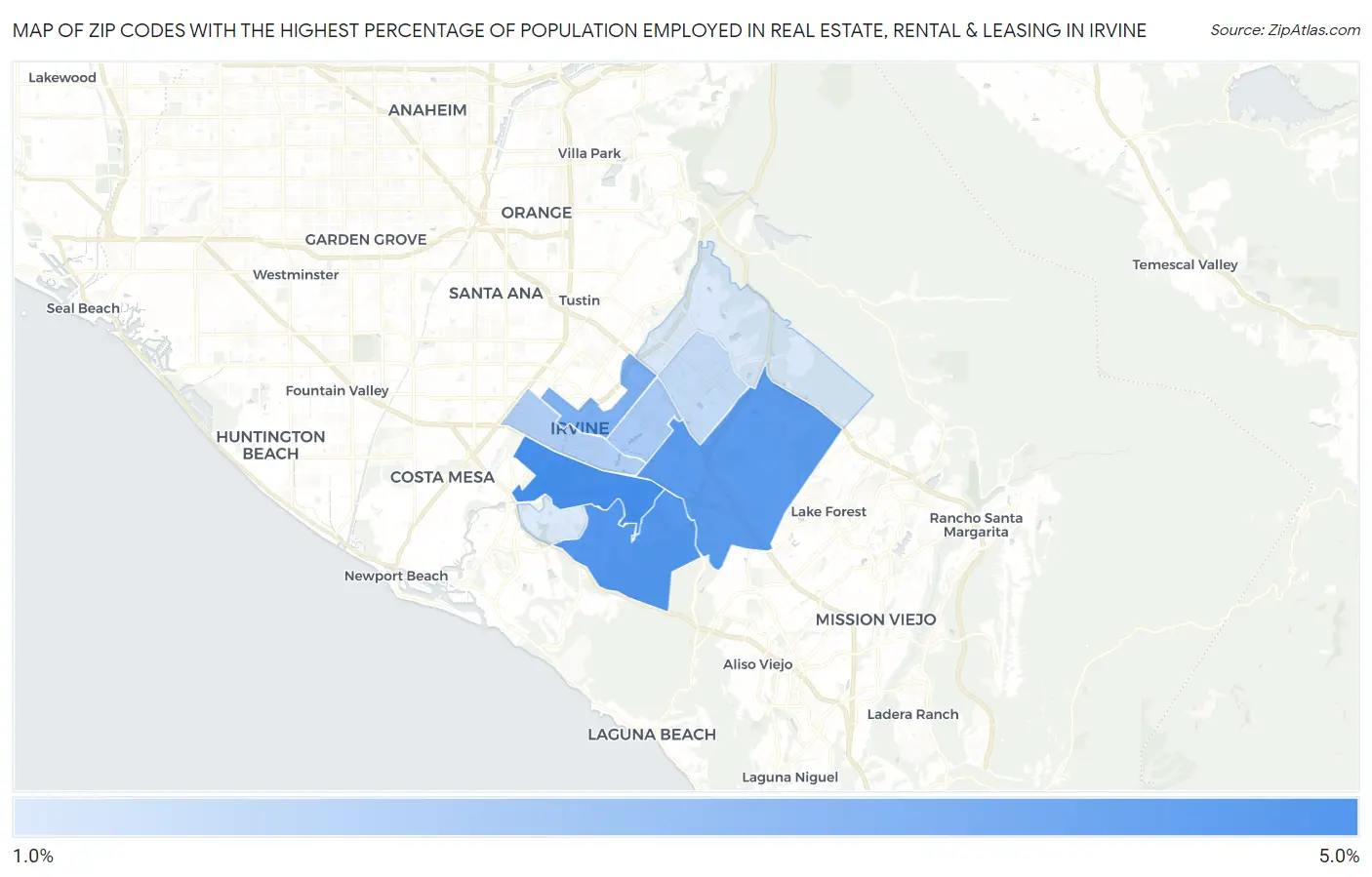 Zip Codes with the Highest Percentage of Population Employed in Real Estate, Rental & Leasing in Irvine Map