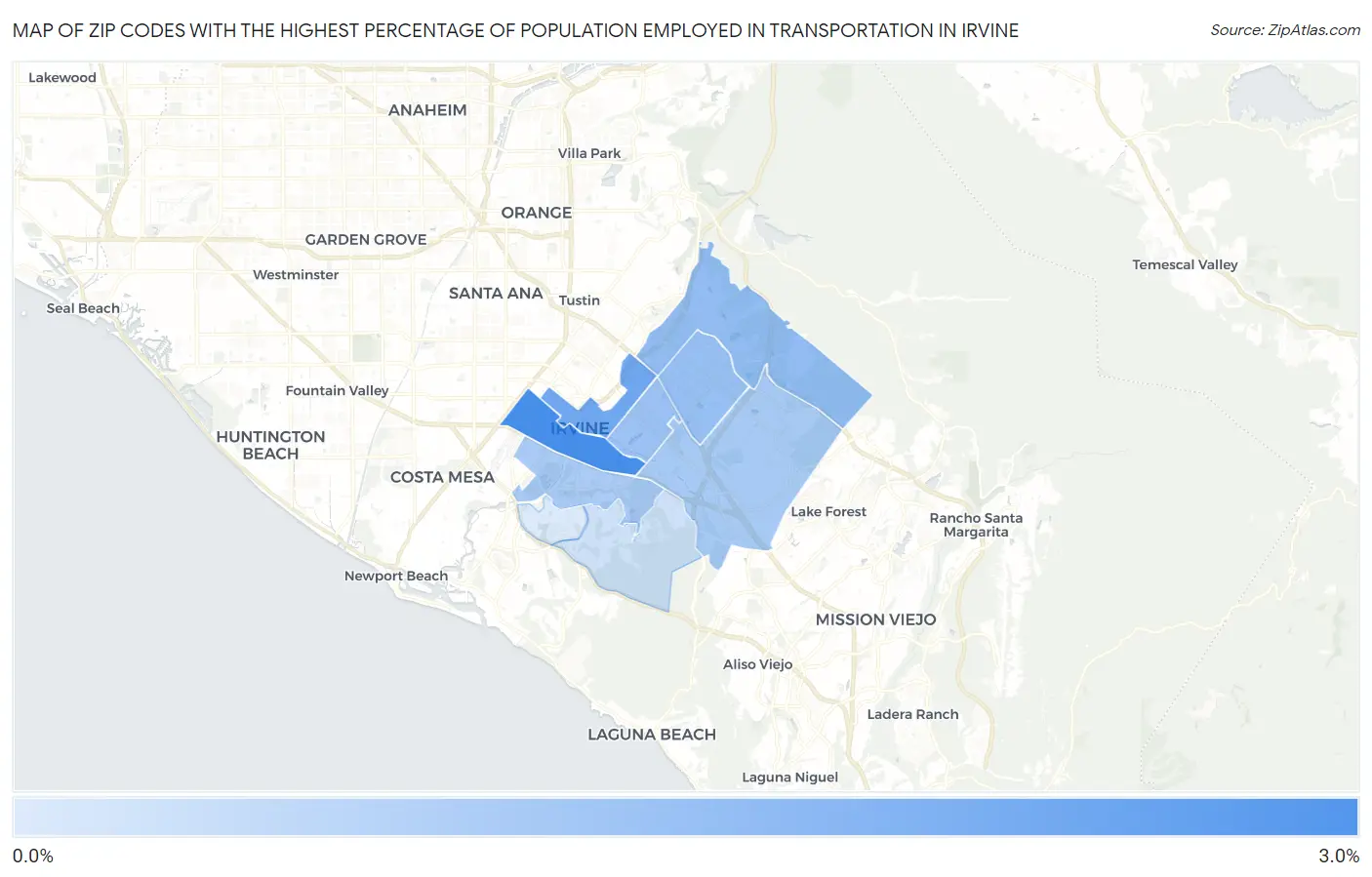 Zip Codes with the Highest Percentage of Population Employed in Transportation in Irvine Map