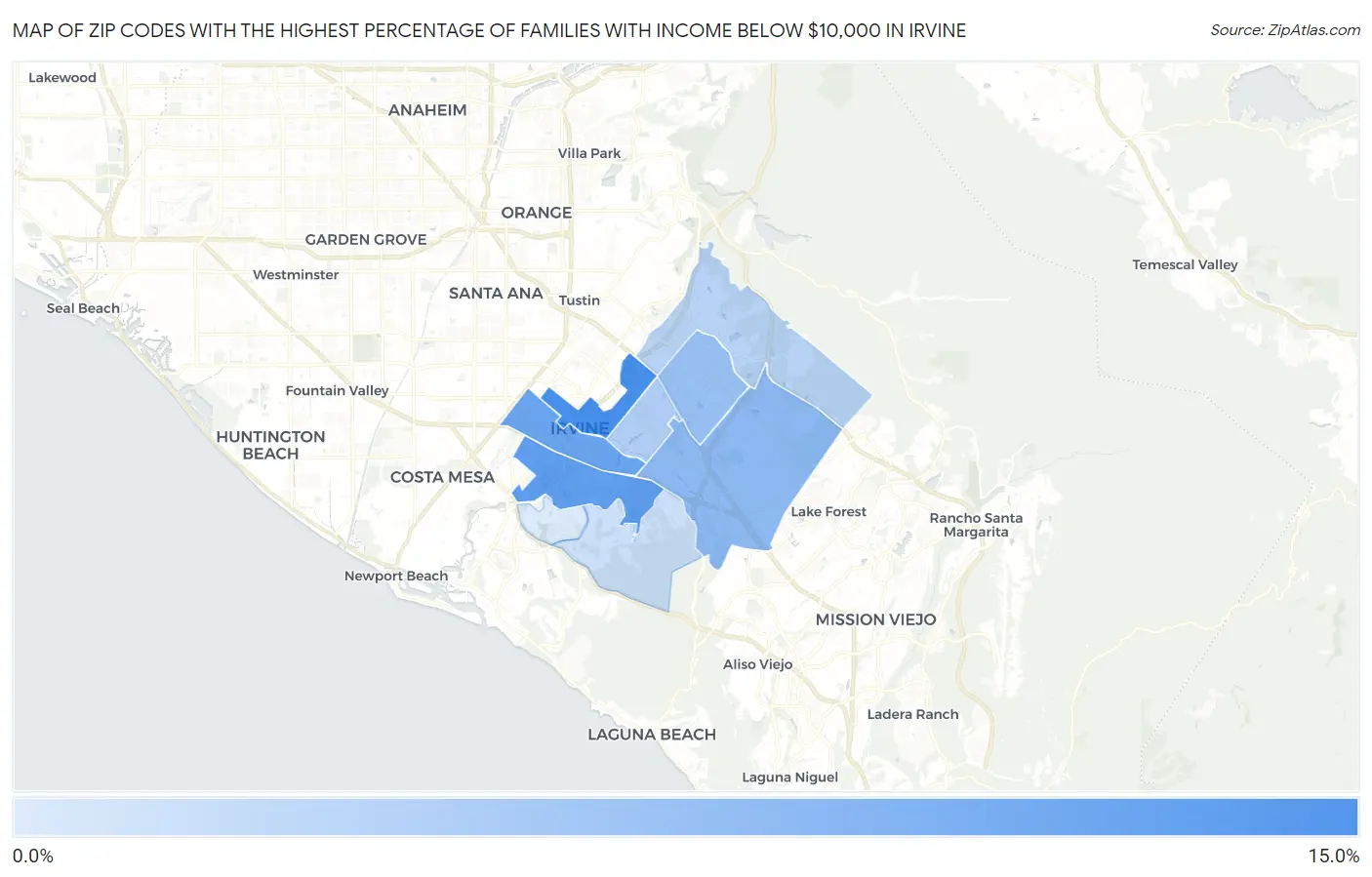 Zip Codes with the Highest Percentage of Families with Income Below $10,000 in Irvine Map