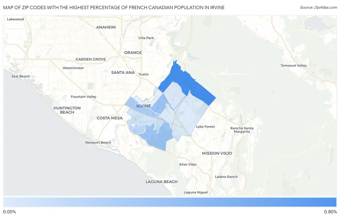 Zip Codes with the Highest Percentage of French Canadian Population in Irvine Map