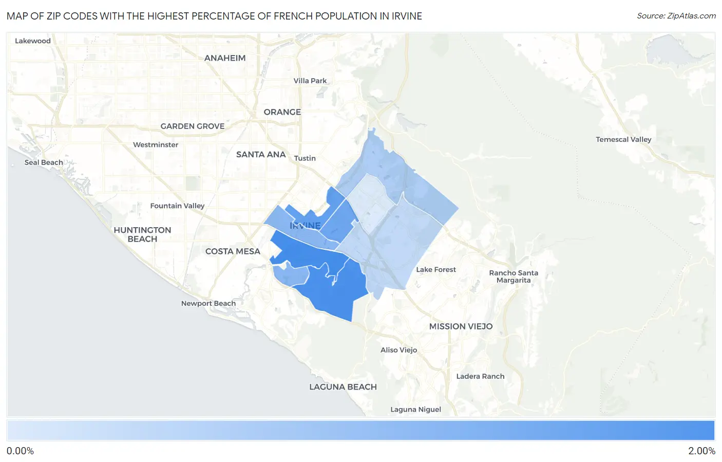 Zip Codes with the Highest Percentage of French Population in Irvine Map