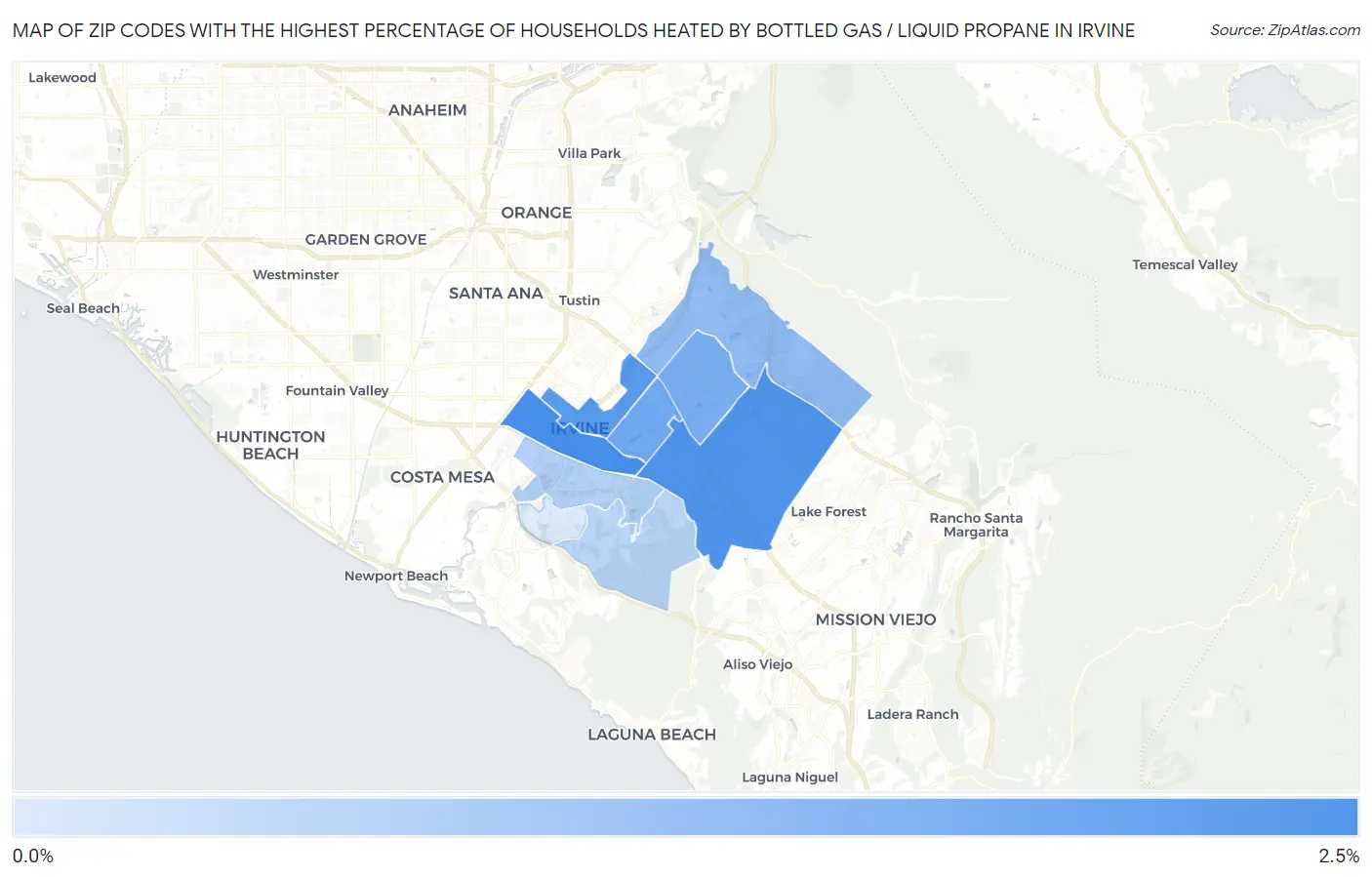 Zip Codes with the Highest Percentage of Households Heated by Bottled Gas / Liquid Propane in Irvine Map