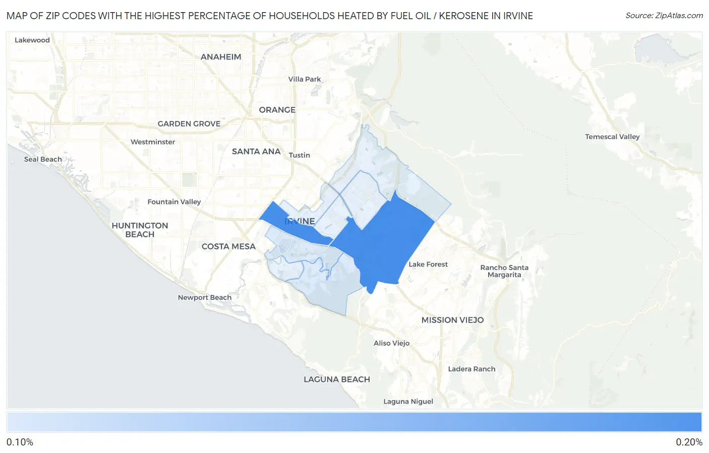 Zip Codes with the Highest Percentage of Households Heated by Fuel Oil / Kerosene in Irvine Map