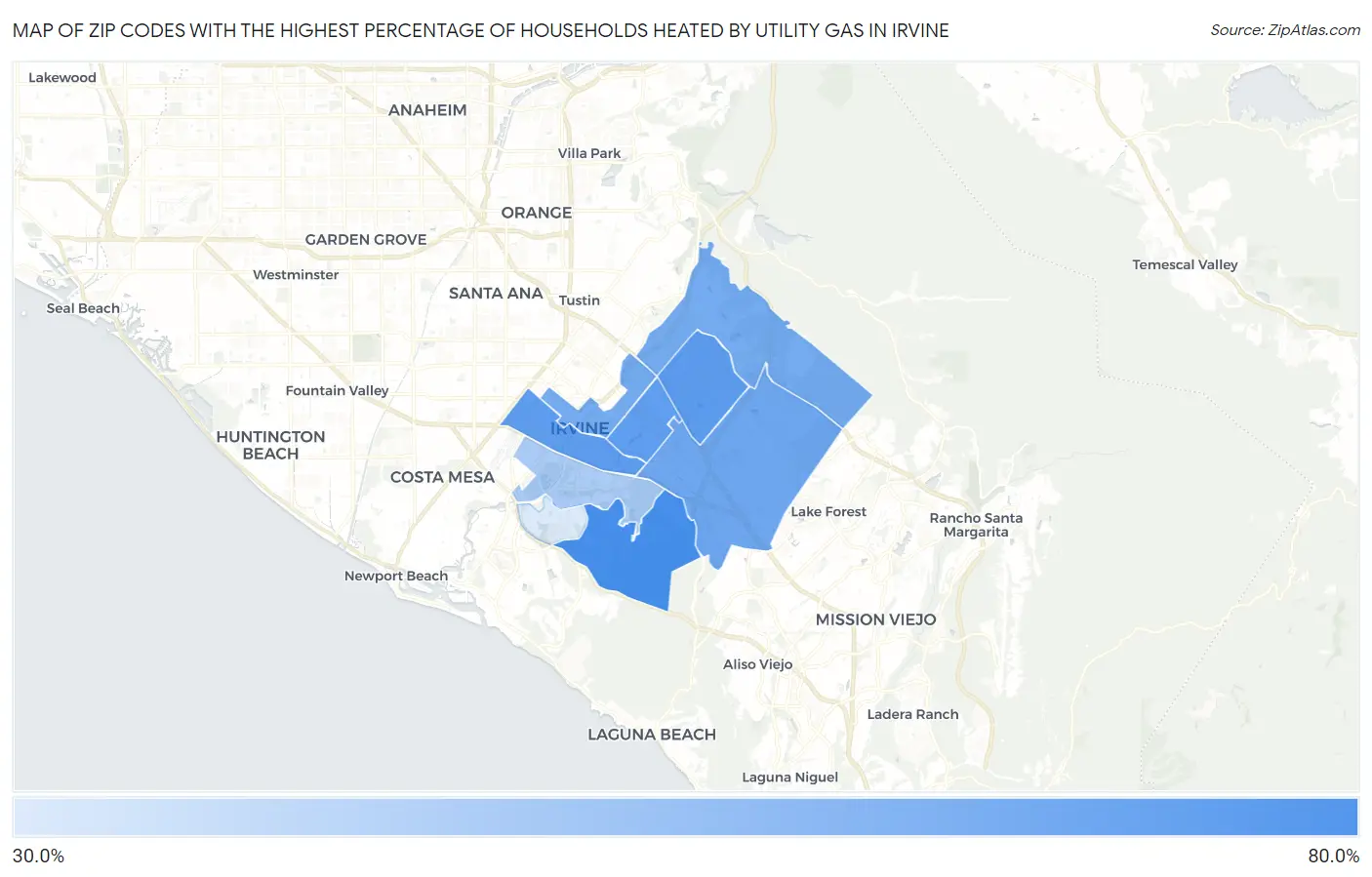 Zip Codes with the Highest Percentage of Households Heated by Utility Gas in Irvine Map
