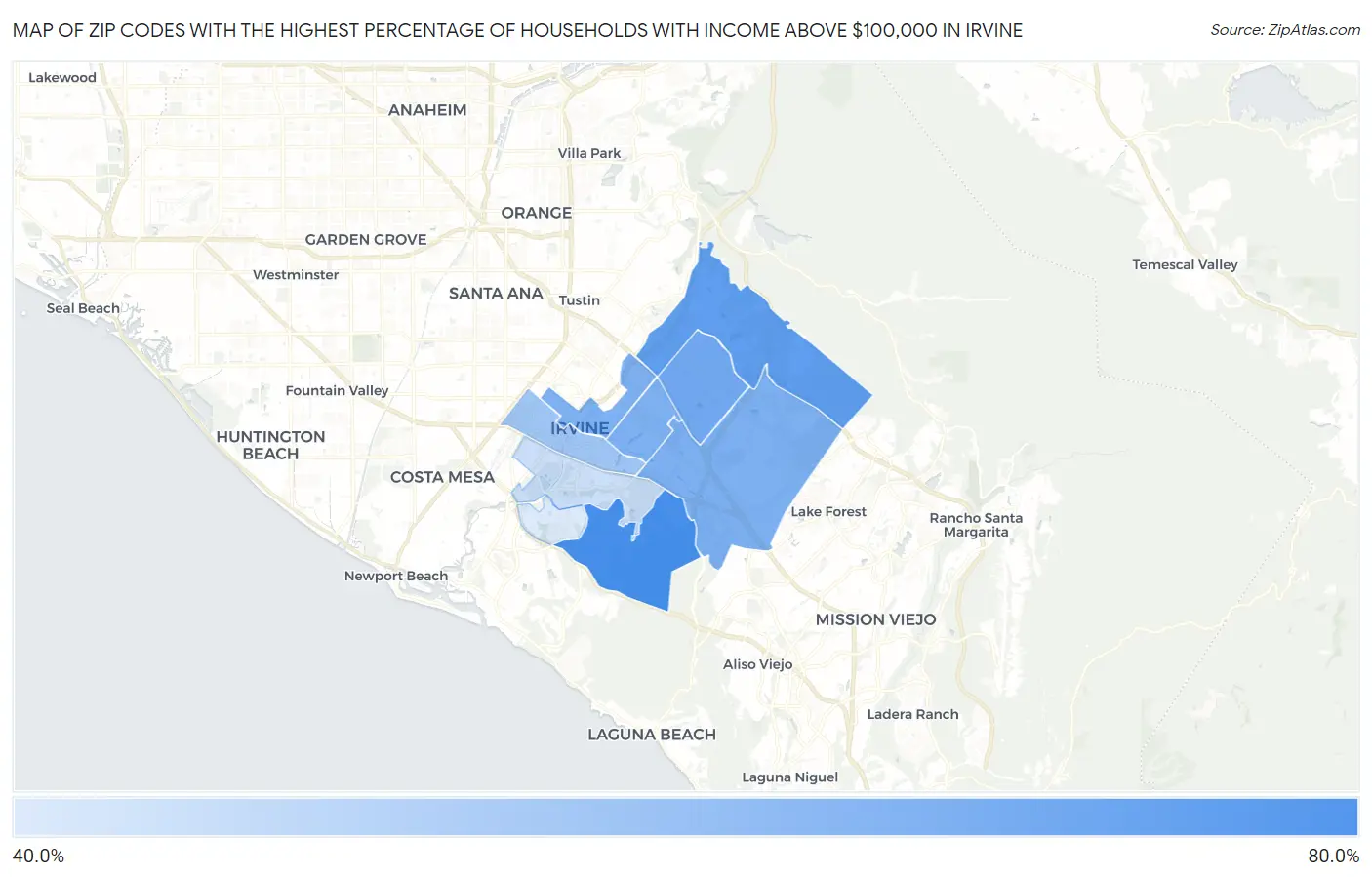 Zip Codes with the Highest Percentage of Households with Income Above $100,000 in Irvine Map