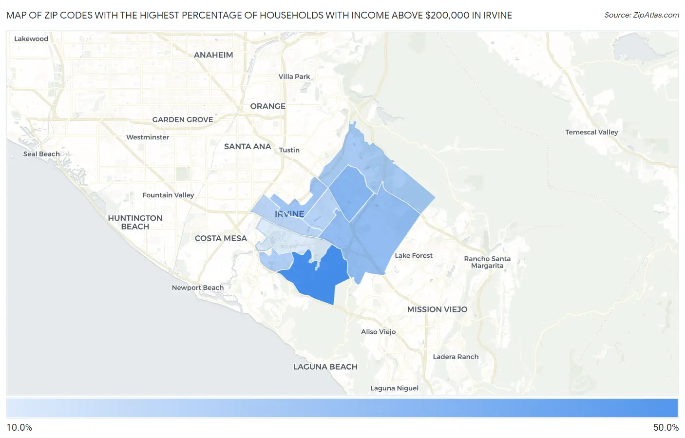 Zip Codes with the Highest Percentage of Households with Income Above $200,000 in Irvine Map
