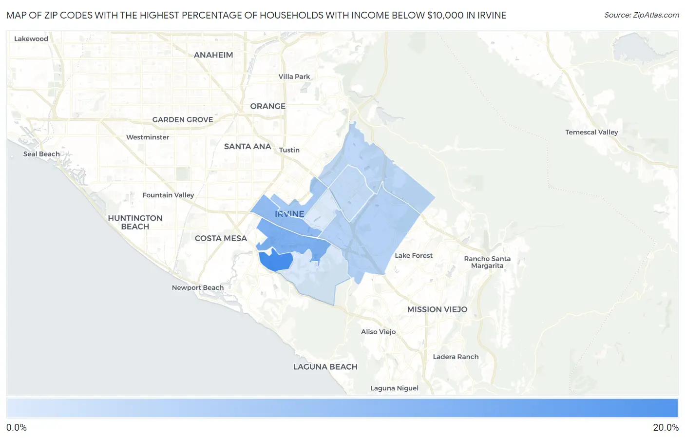 Zip Codes with the Highest Percentage of Households with Income Below $10,000 in Irvine Map