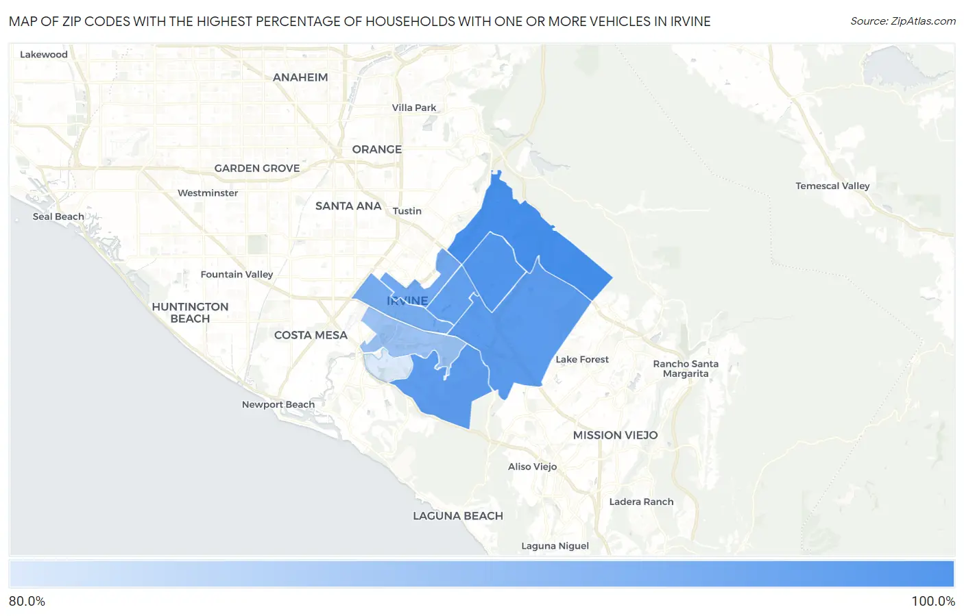 Zip Codes with the Highest Percentage of Households With One or more Vehicles in Irvine Map