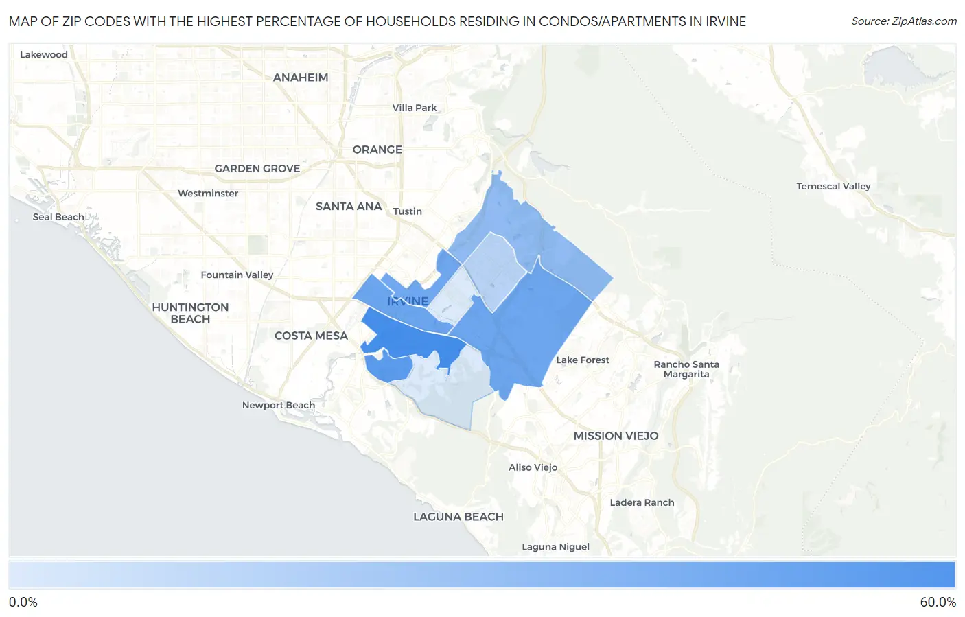 Zip Codes with the Highest Percentage of Households Residing in Condos/Apartments in Irvine Map