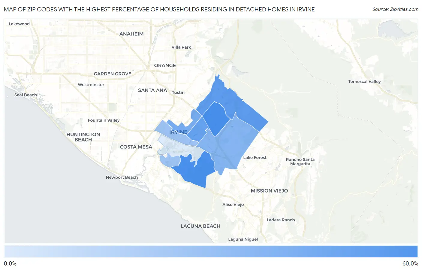 Zip Codes with the Highest Percentage of Households Residing in Detached Homes in Irvine Map
