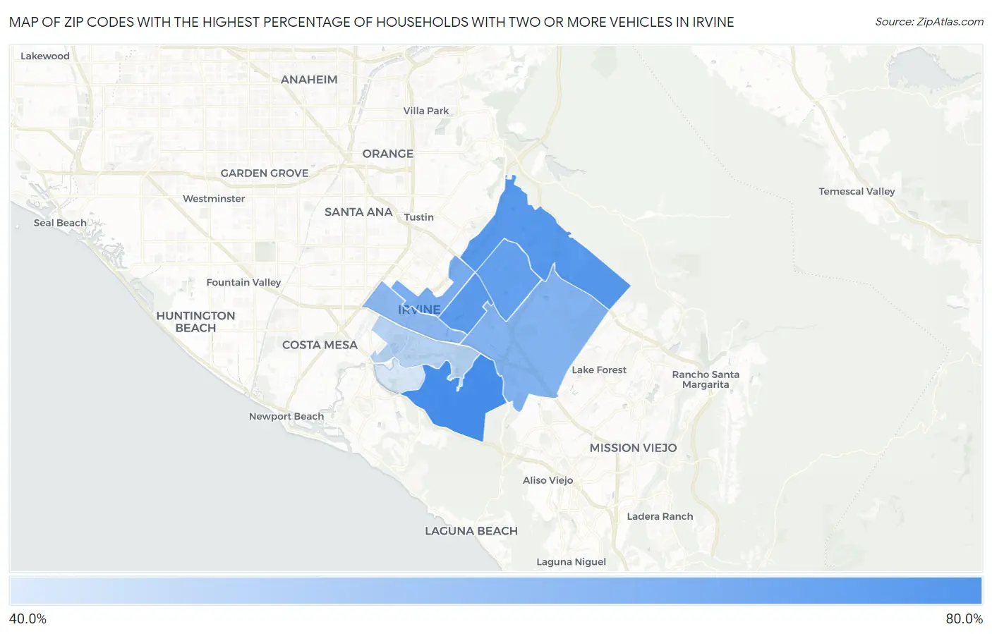 Zip Codes with the Highest Percentage of Households With Two or more Vehicles in Irvine Map