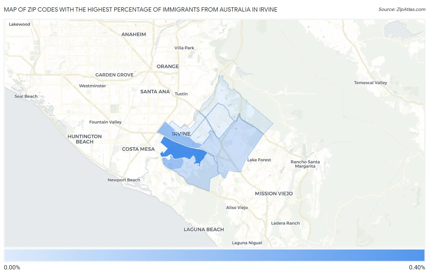 Zip Codes with the Highest Percentage of Immigrants from Australia in Irvine Map
