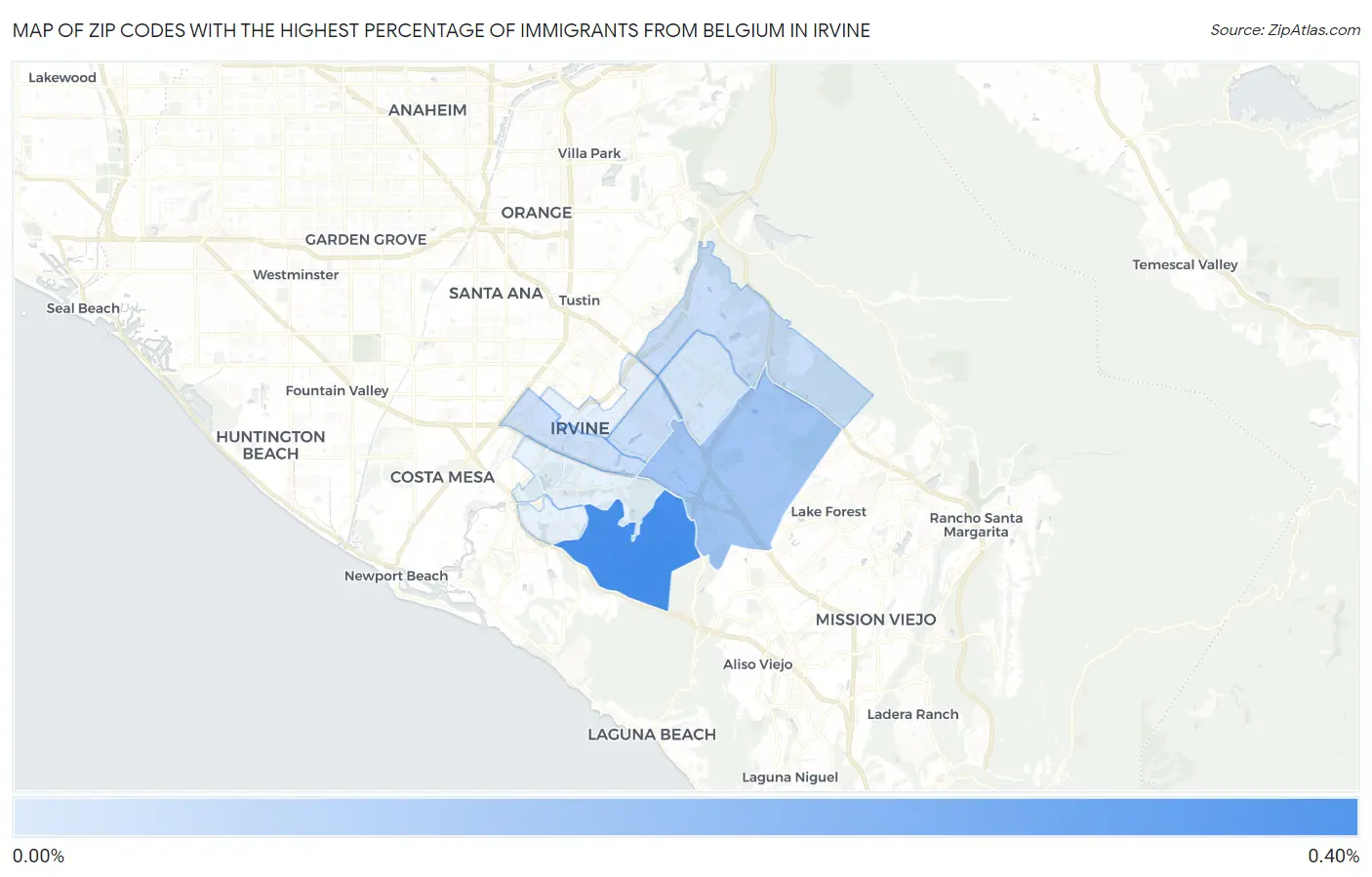 Zip Codes with the Highest Percentage of Immigrants from Belgium in Irvine Map