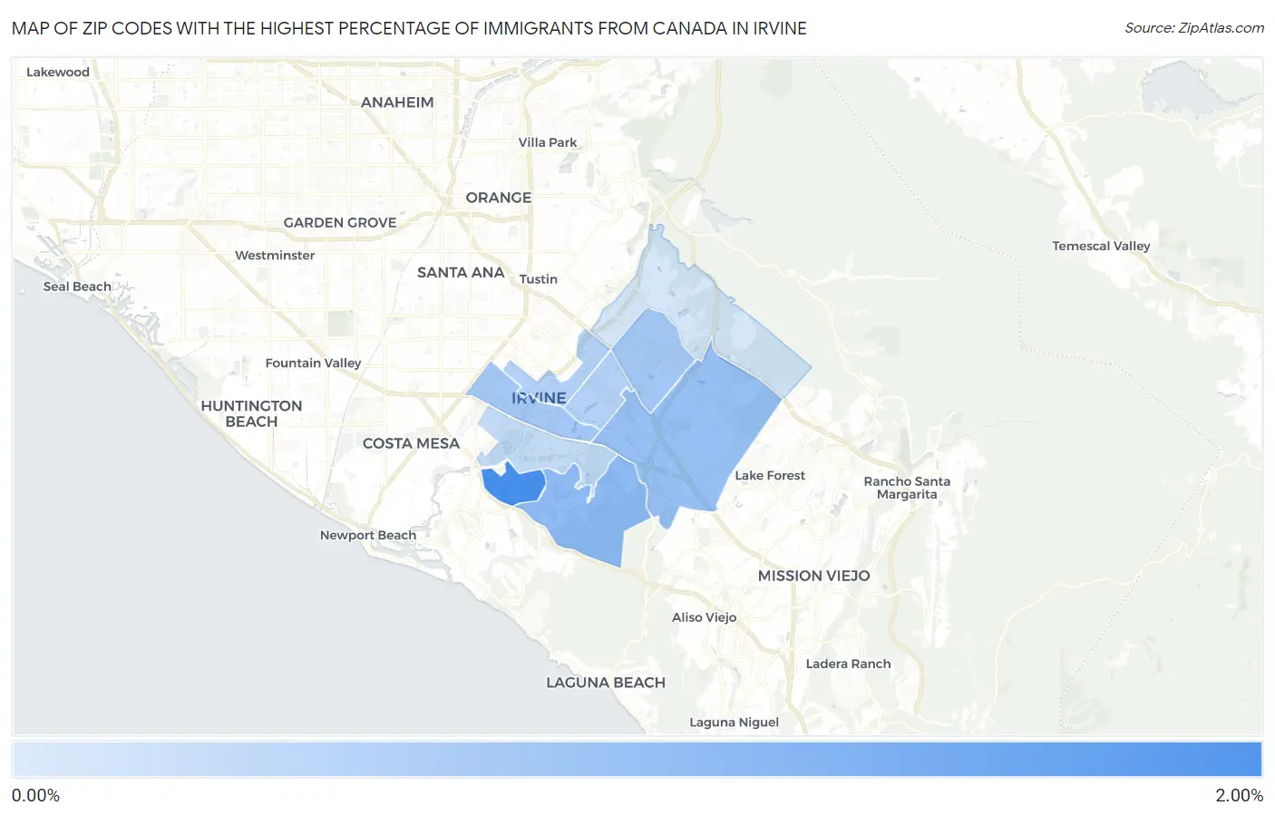 Zip Codes with the Highest Percentage of Immigrants from Canada in Irvine Map