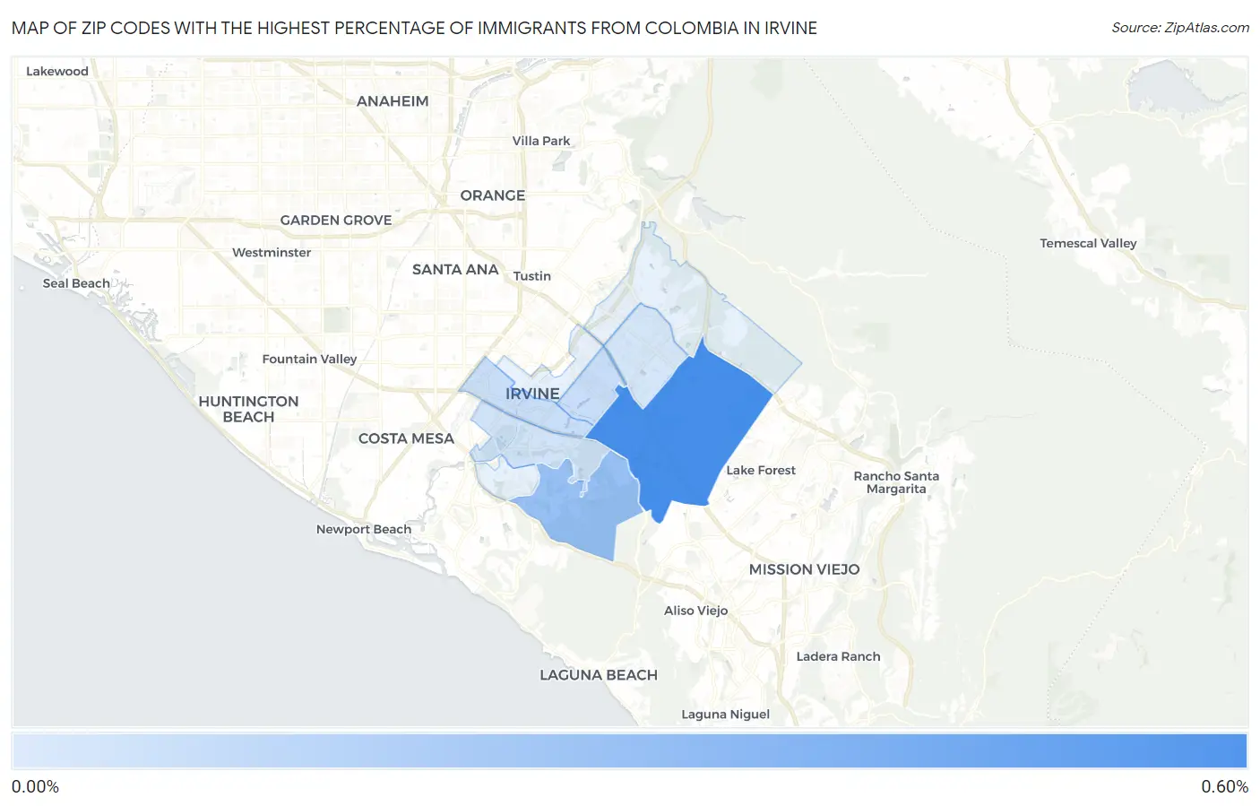 Zip Codes with the Highest Percentage of Immigrants from Colombia in Irvine Map