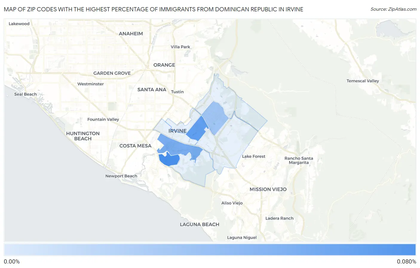 Zip Codes with the Highest Percentage of Immigrants from Dominican Republic in Irvine Map