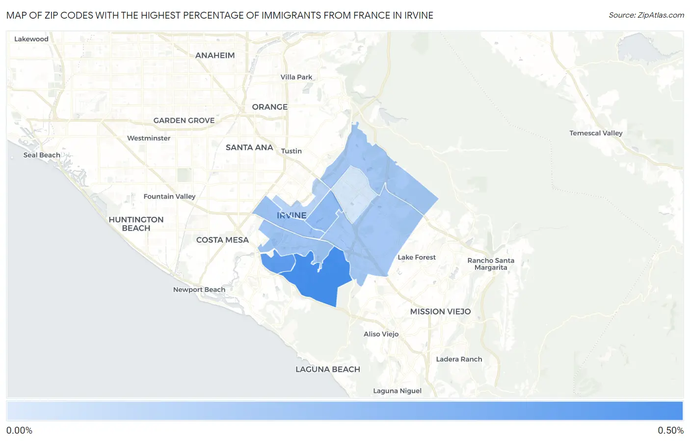 Zip Codes with the Highest Percentage of Immigrants from France in Irvine Map