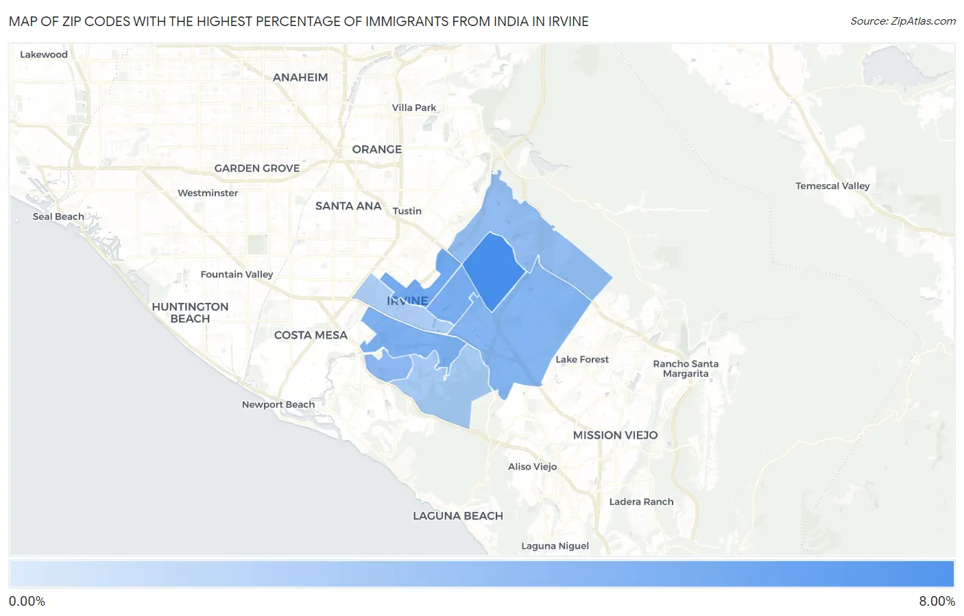 Zip Codes with the Highest Percentage of Immigrants from India in Irvine Map