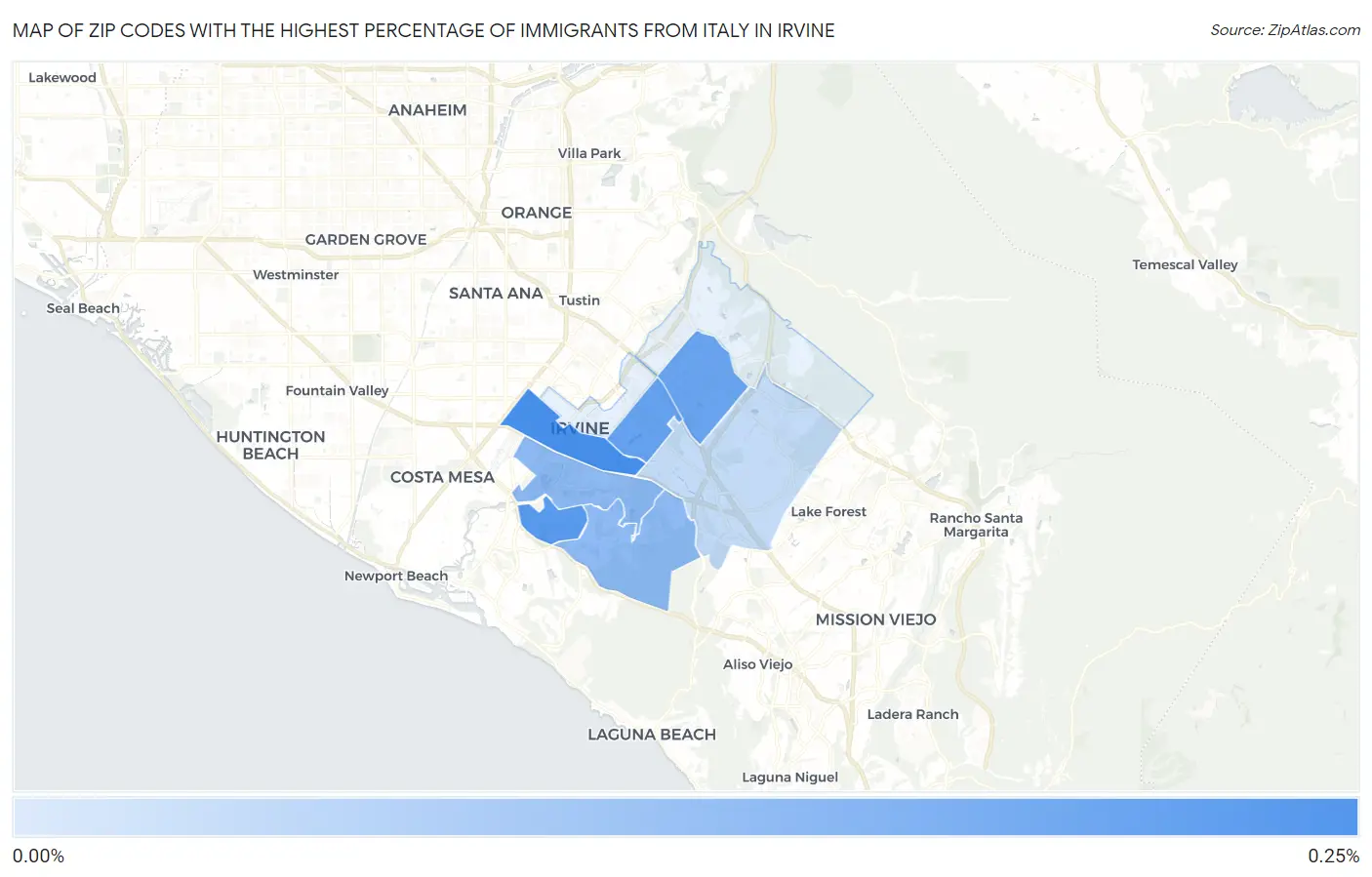 Zip Codes with the Highest Percentage of Immigrants from Italy in Irvine Map