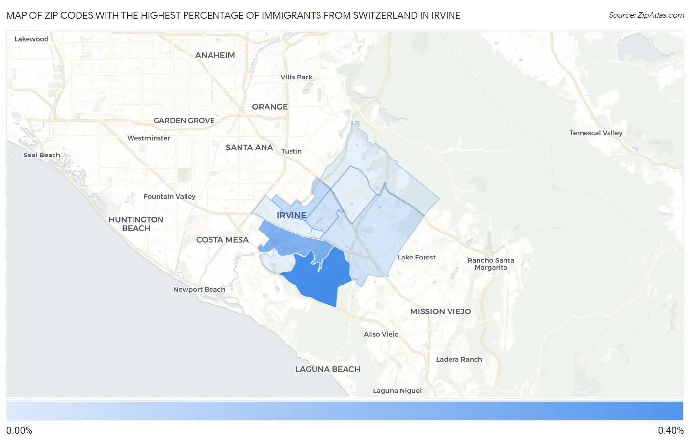 Zip Codes with the Highest Percentage of Immigrants from Switzerland in Irvine Map