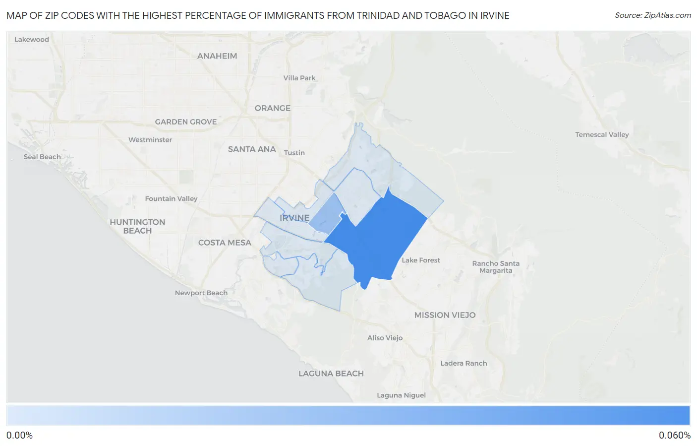 Zip Codes with the Highest Percentage of Immigrants from Trinidad and Tobago in Irvine Map