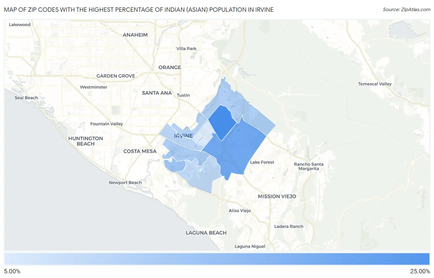 Zip Codes with the Highest Percentage of Indian (Asian) Population in Irvine Map