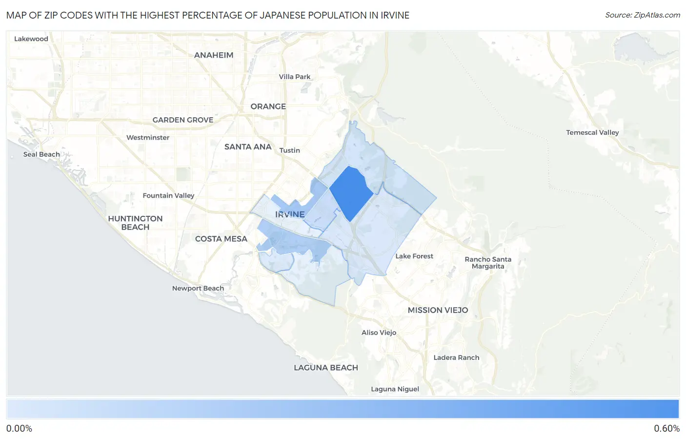 Zip Codes with the Highest Percentage of Japanese Population in Irvine Map