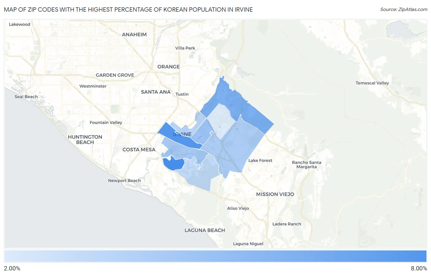 Zip Codes with the Highest Percentage of Korean Population in Irvine Map