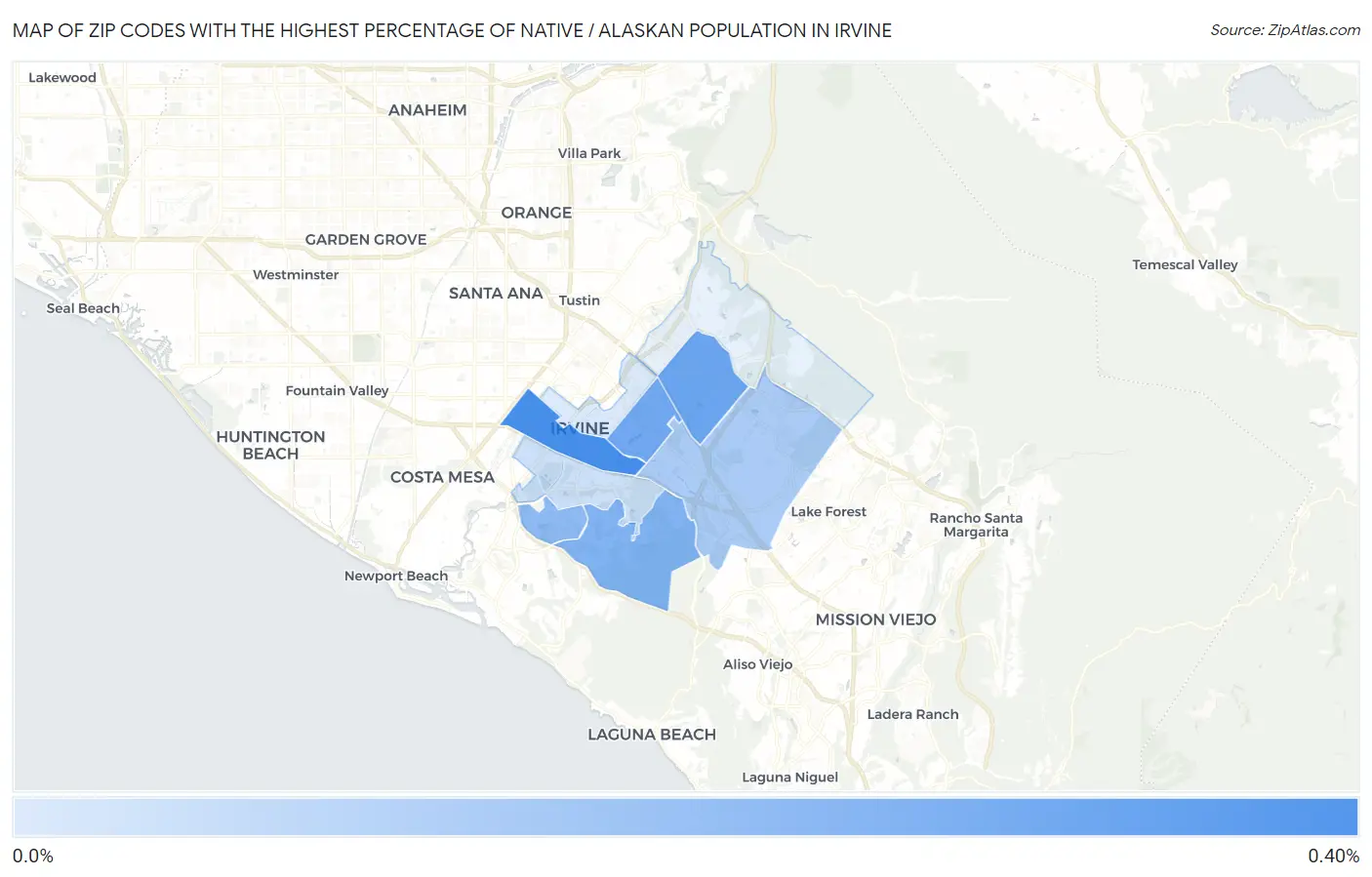 Zip Codes with the Highest Percentage of Native / Alaskan Population in Irvine Map