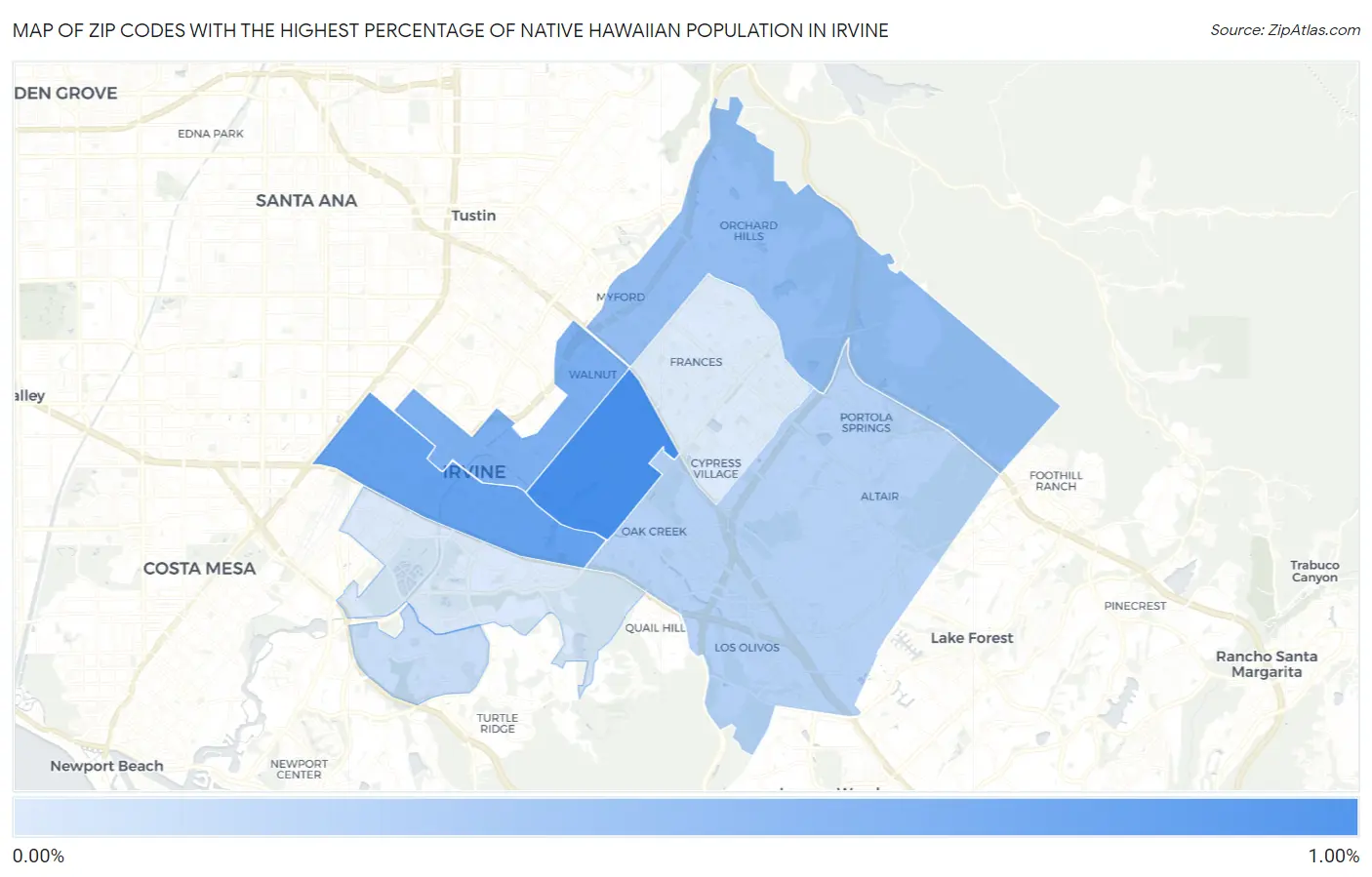 Zip Codes with the Highest Percentage of Native Hawaiian Population in Irvine Map
