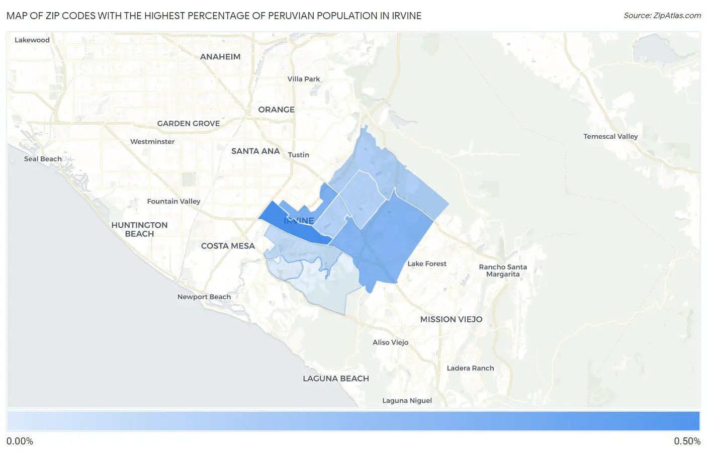 Zip Codes with the Highest Percentage of Peruvian Population in Irvine Map