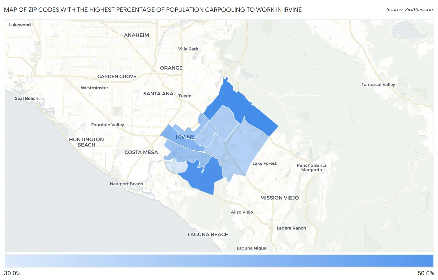 Zip Codes with the Highest Percentage of Population Carpooling to Work in Irvine Map