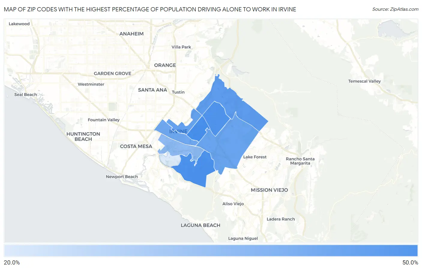 Zip Codes with the Highest Percentage of Population Driving Alone to Work in Irvine Map
