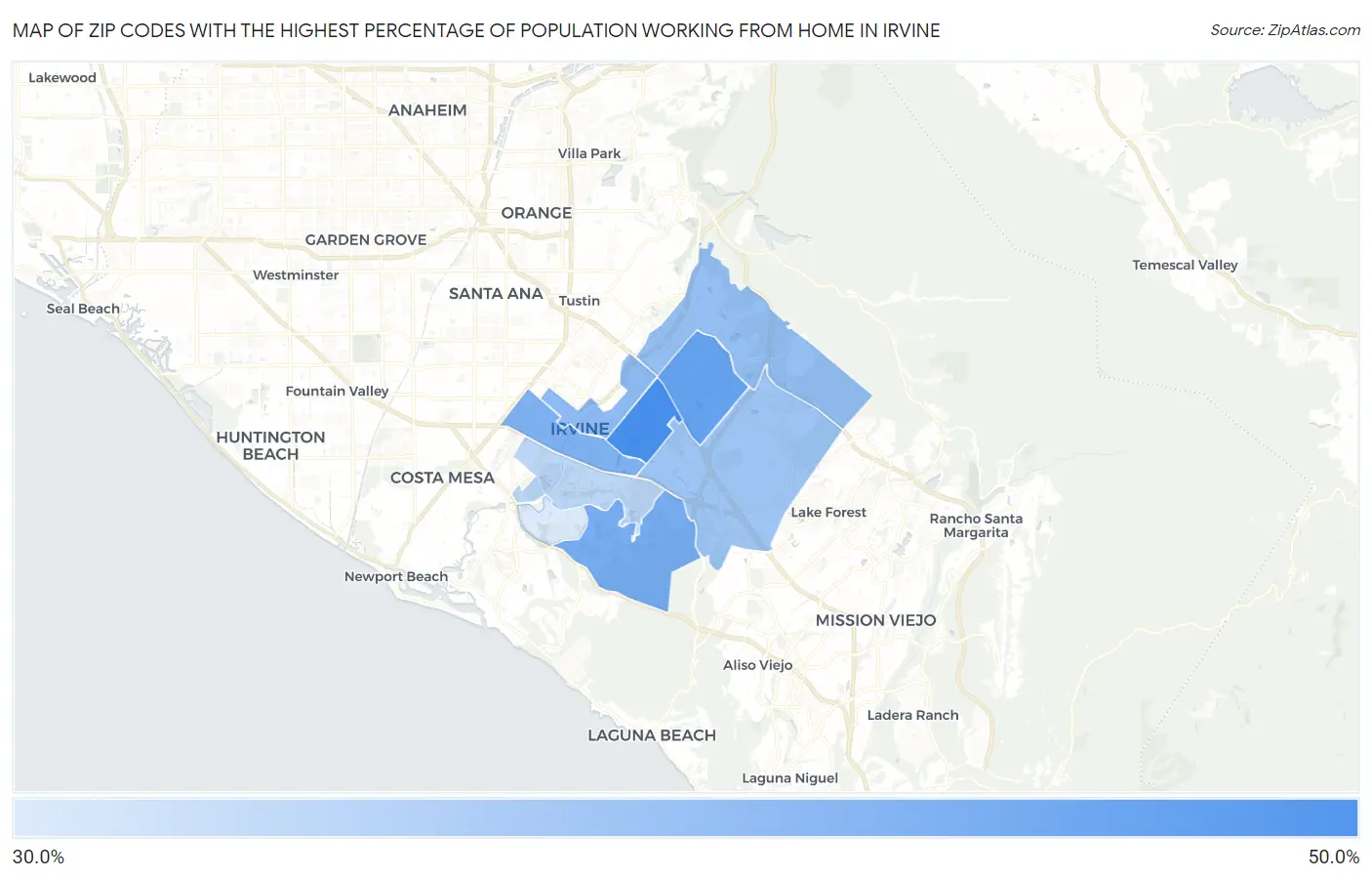 Zip Codes with the Highest Percentage of Population Working from Home in Irvine Map