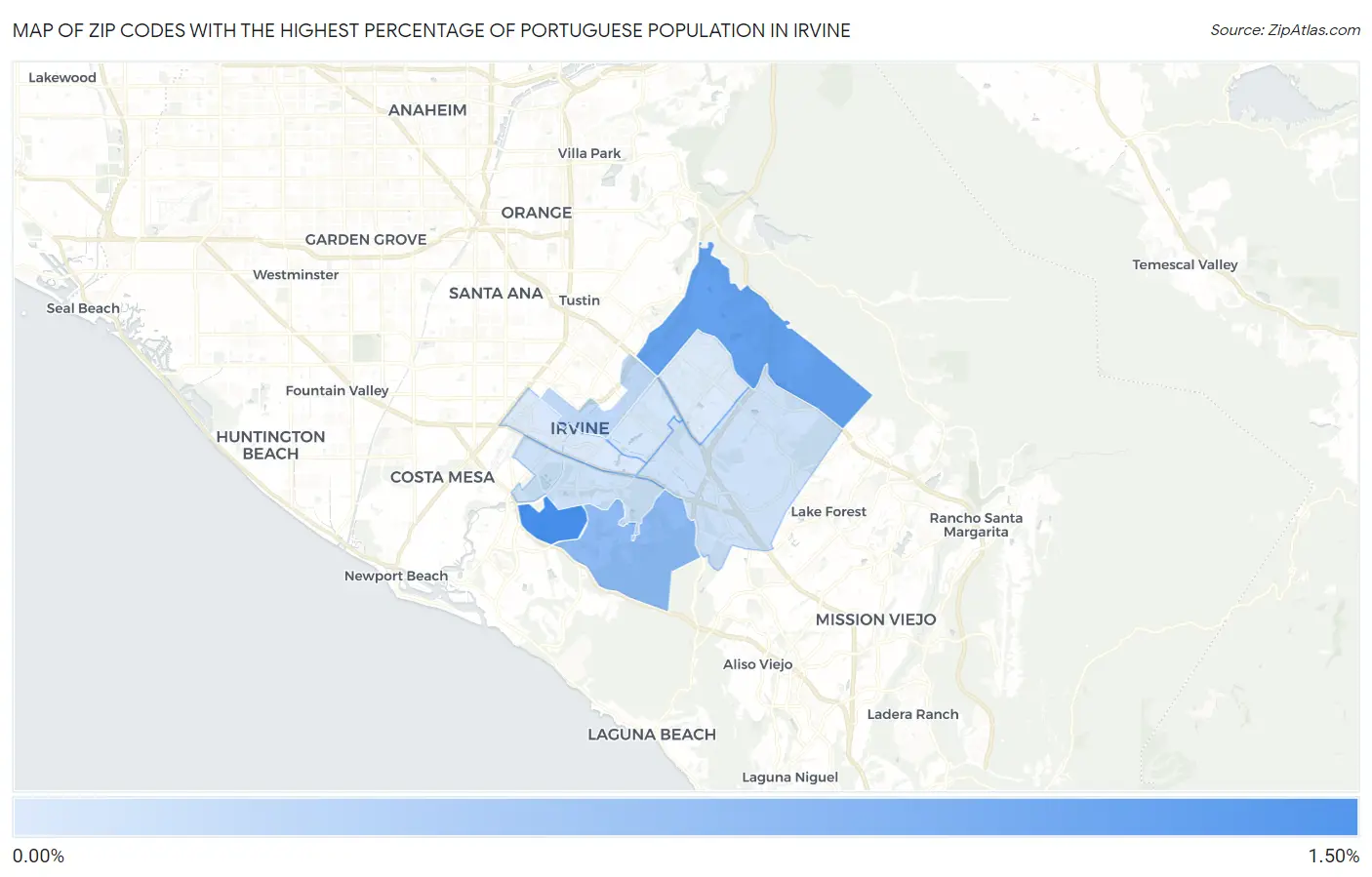 Zip Codes with the Highest Percentage of Portuguese Population in Irvine Map