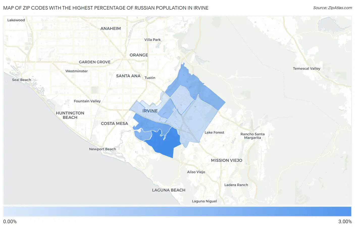 Zip Codes with the Highest Percentage of Russian Population in Irvine Map