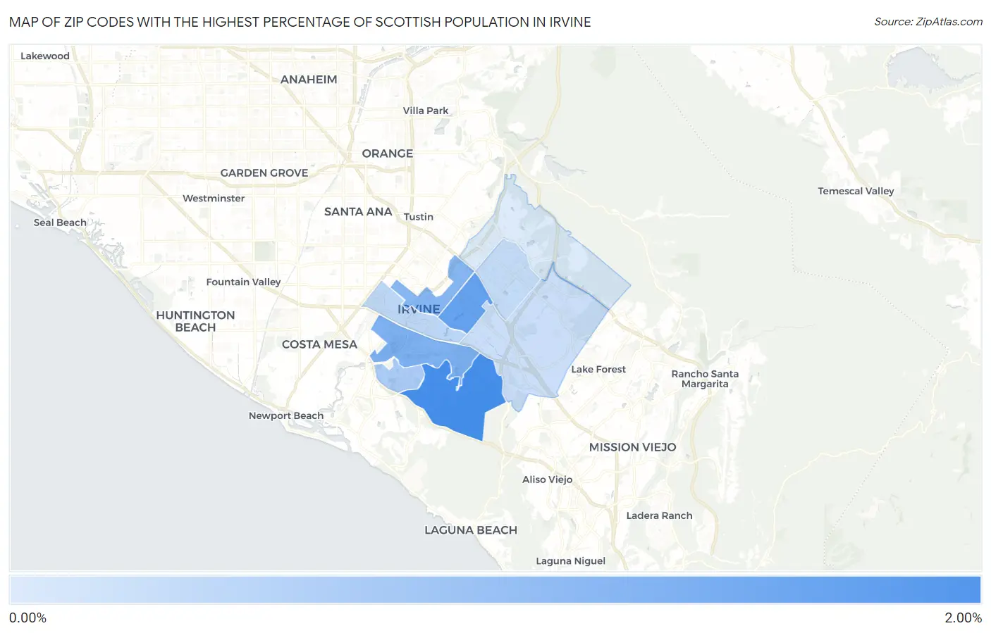 Zip Codes with the Highest Percentage of Scottish Population in Irvine Map