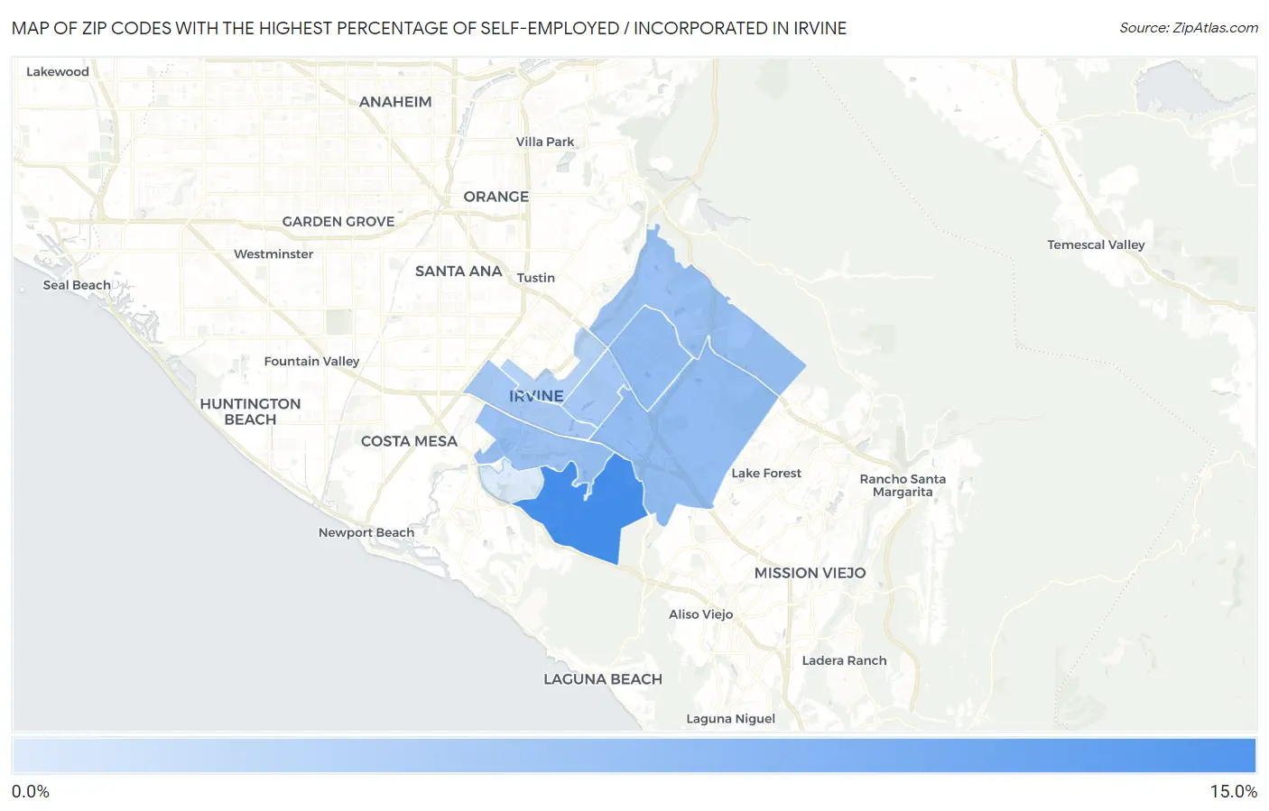 Zip Codes with the Highest Percentage of Self-Employed / Incorporated in Irvine Map